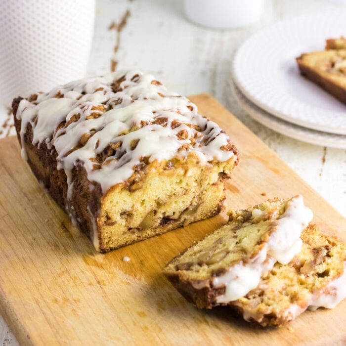 A closeup of glazed apple fritter bread for the featured image.