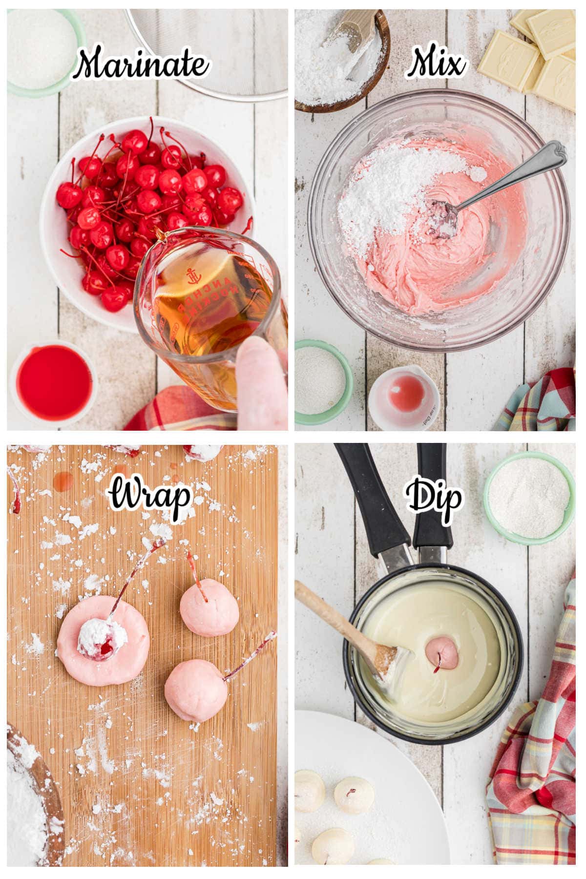 Step by step images showing how to make the cherries.
