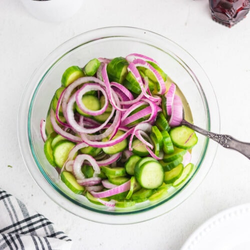 Overhead view of southern cucumber salad for the feature image.