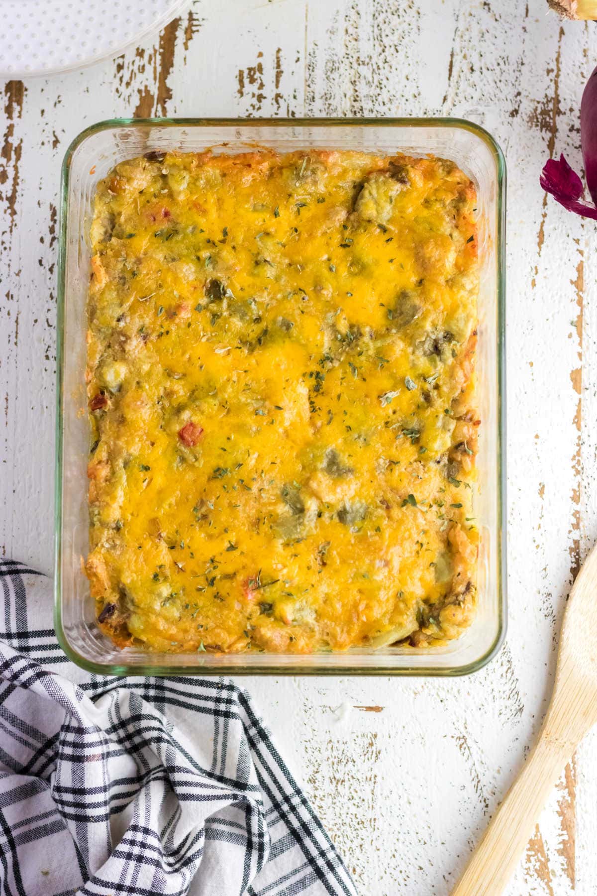 Top of the casserole showing the melted cheese layer.