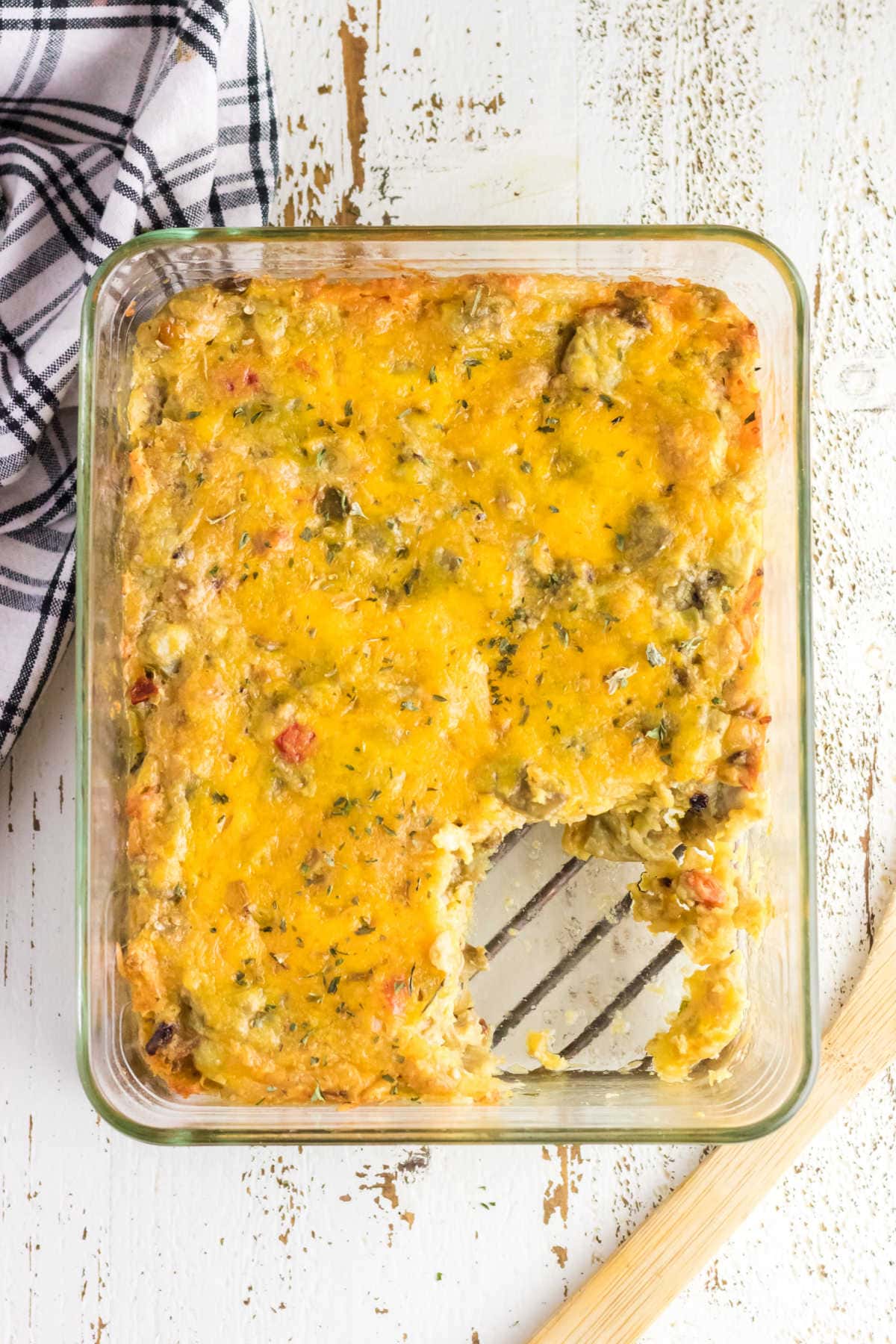 Overhead view of the casserole with a serving removed.