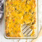 Closeup of the top of the casserole in a dish for featured image.