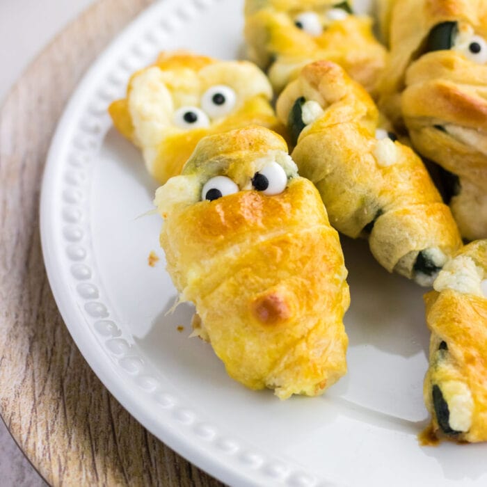 Closeup of Jalapeno Poppers Halloween Mummies.