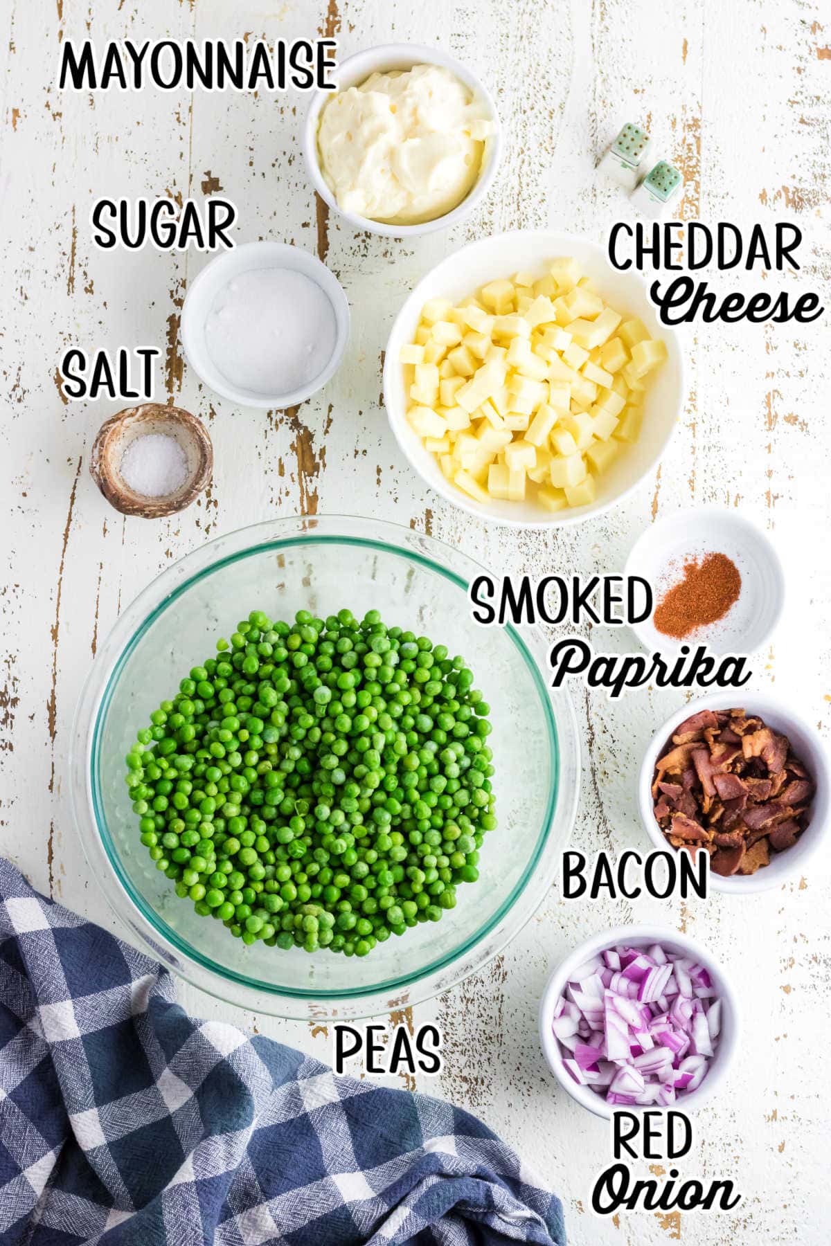 Labeled ingredients for pea salad.