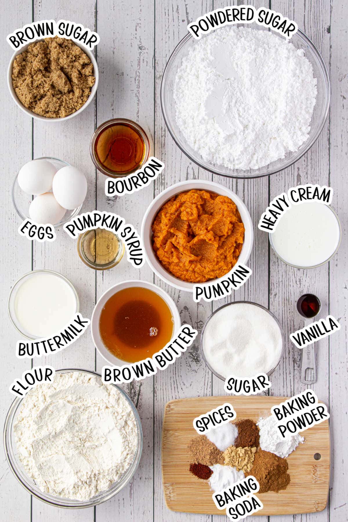 Ingredients for pumpkin bundt cake on a table.