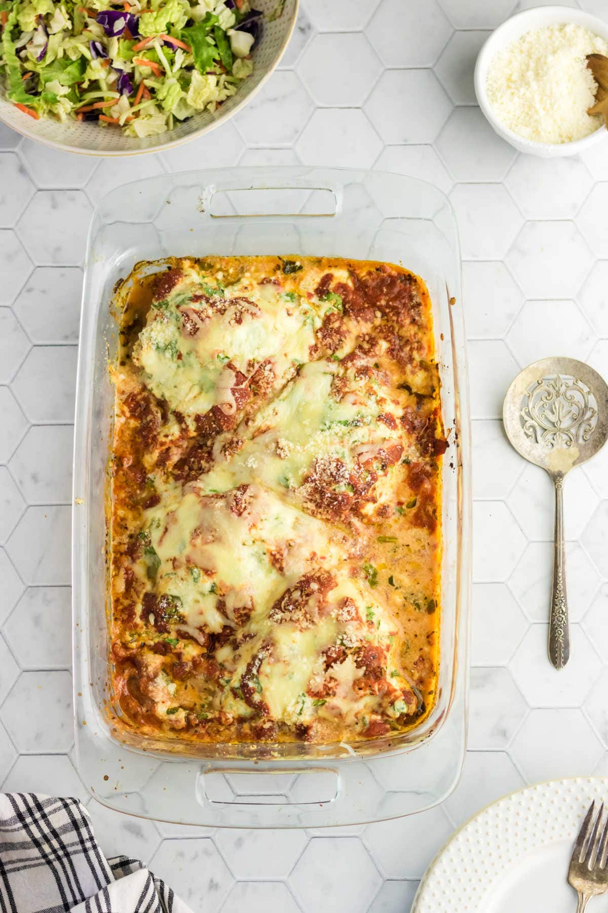 Finished ricotta chicken bake waiting to be served.