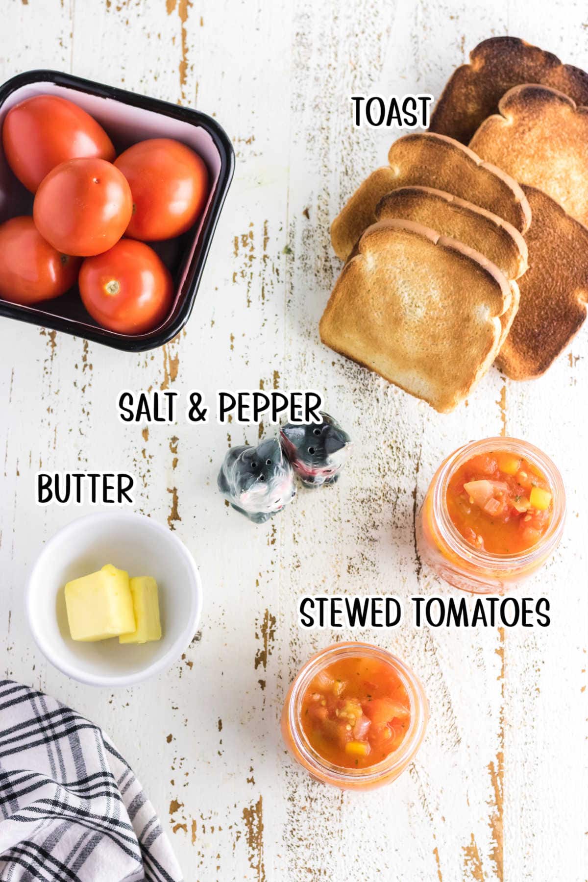 Labeled ingredients for scalloped tomatoes recipe.