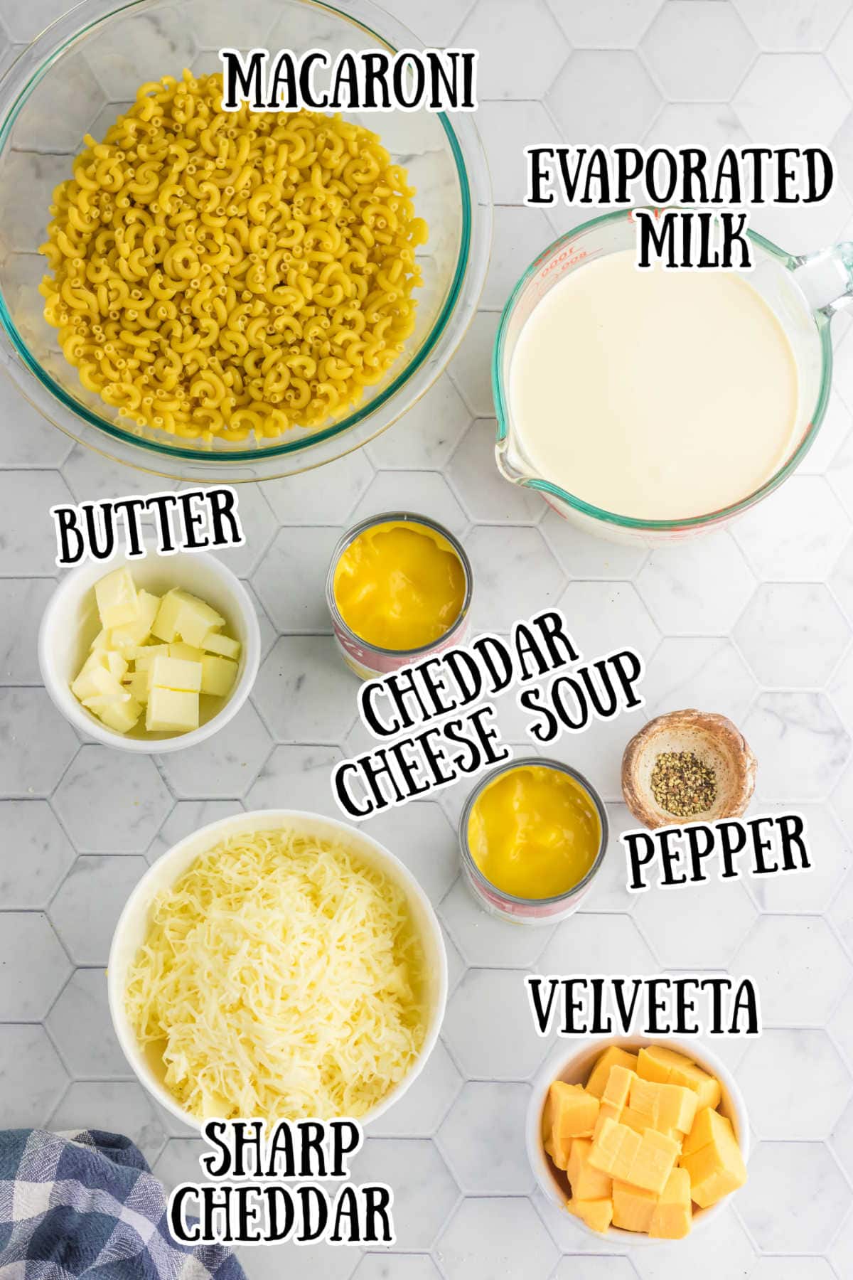 Ingredients for slow cooker mac and cheese.