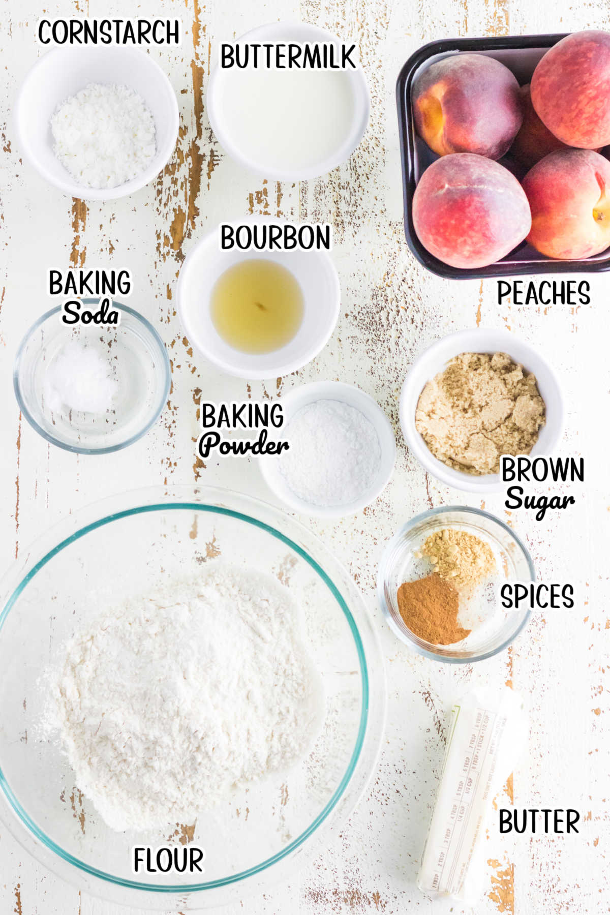 Labeled ingredients for peach cobbler.