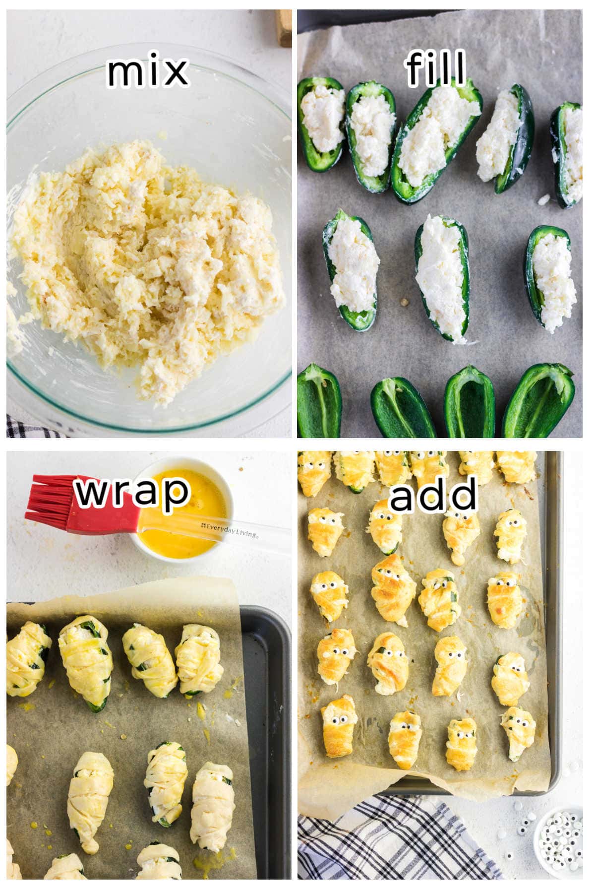 Step by step images showing how to make jalapeno poppers.