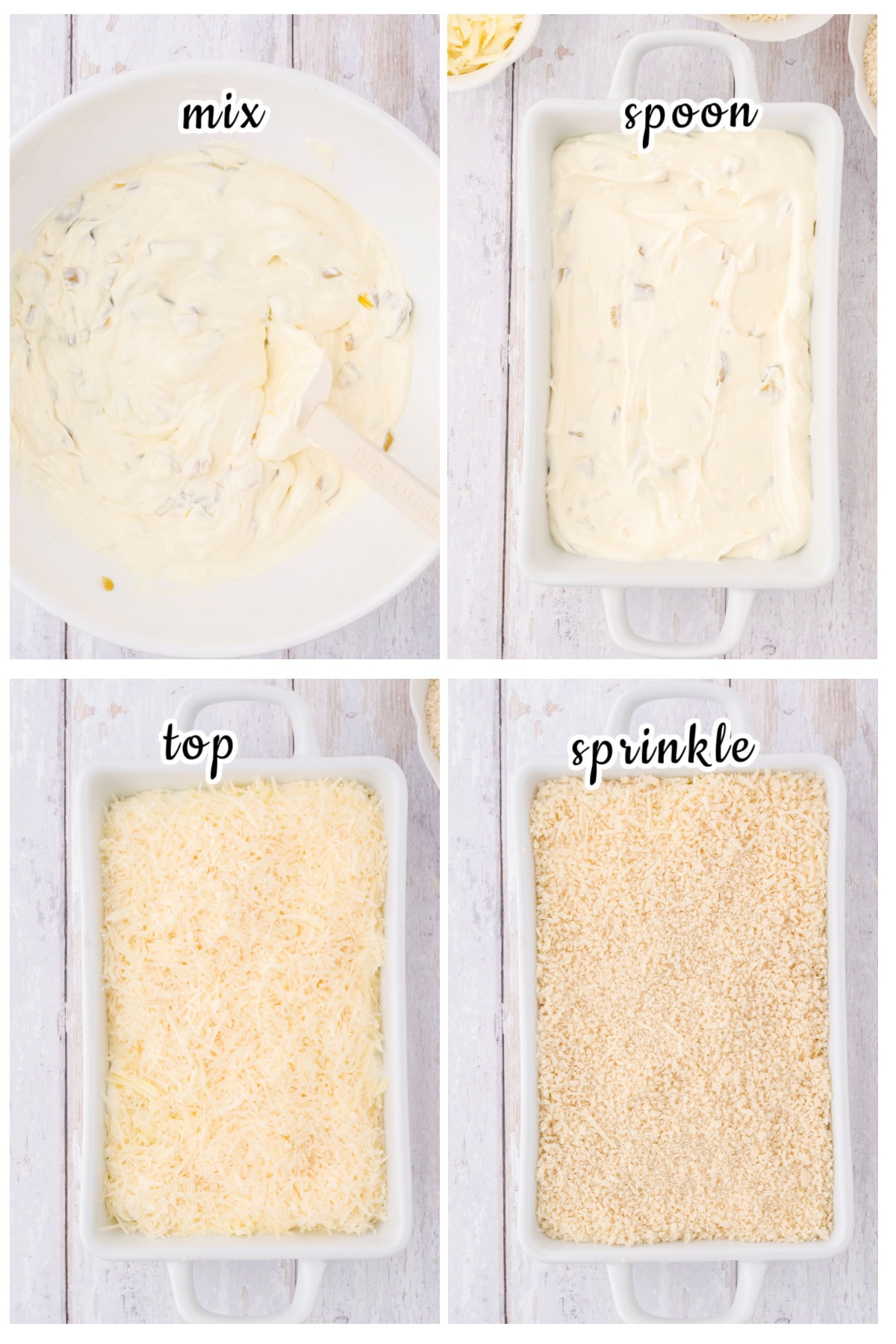 Step by step images showing how to make jalapeno popper dip.