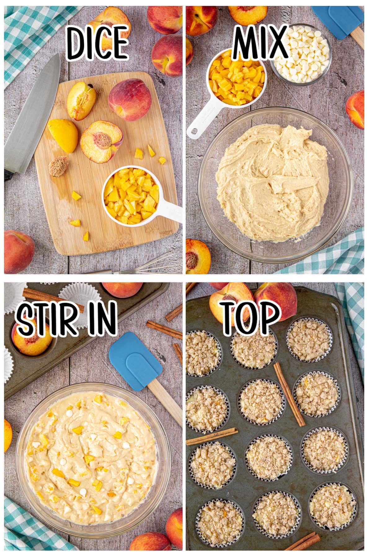 Collage showing step by step instructions for peach muffins.