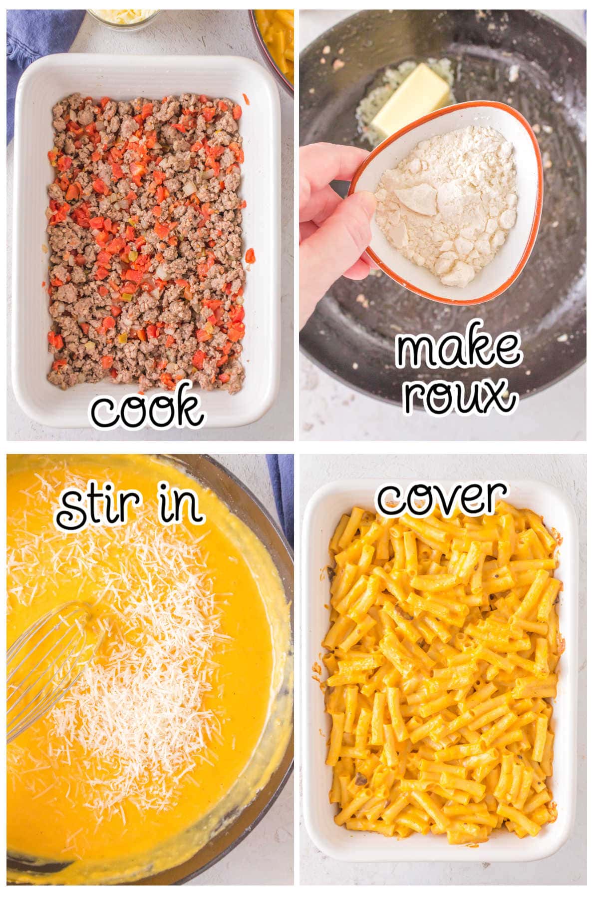 Step by step instructions for making ziti sausage bake.