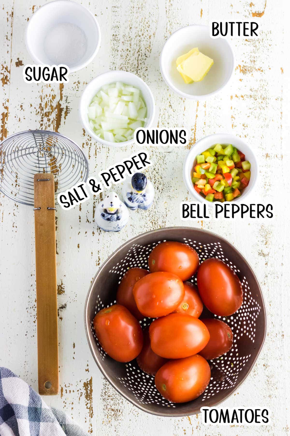 Labeled ingredients for stewed tomatoes.