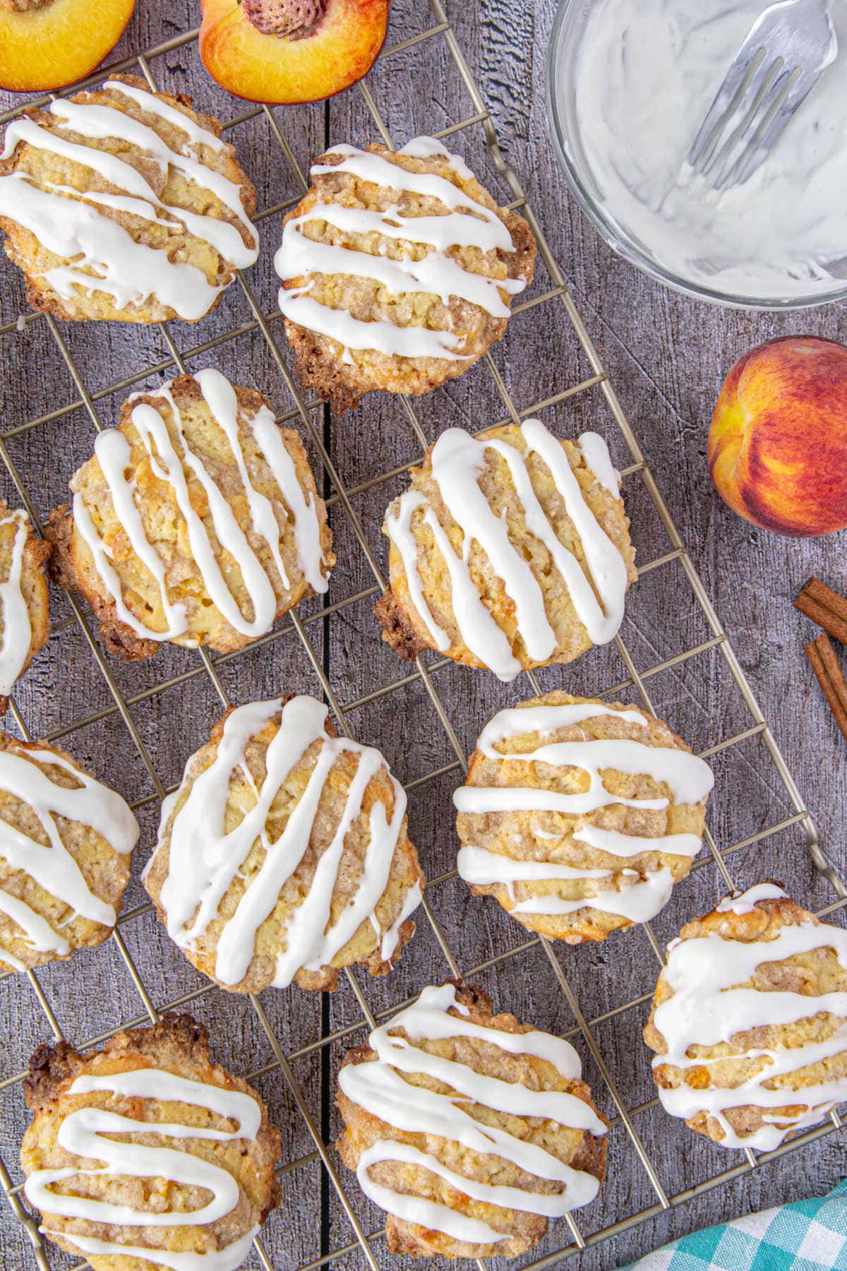 Overhead view of finished white chocolate & peach muffins.