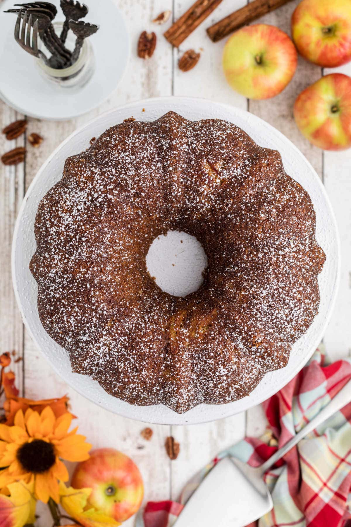 Overhead view of the apple spice bundt cake on a table.
