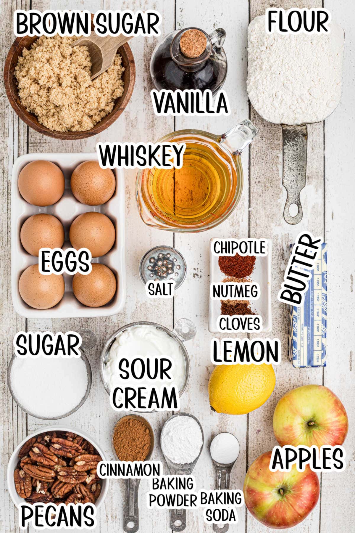 Ingredients for apple bundt cake recipe.