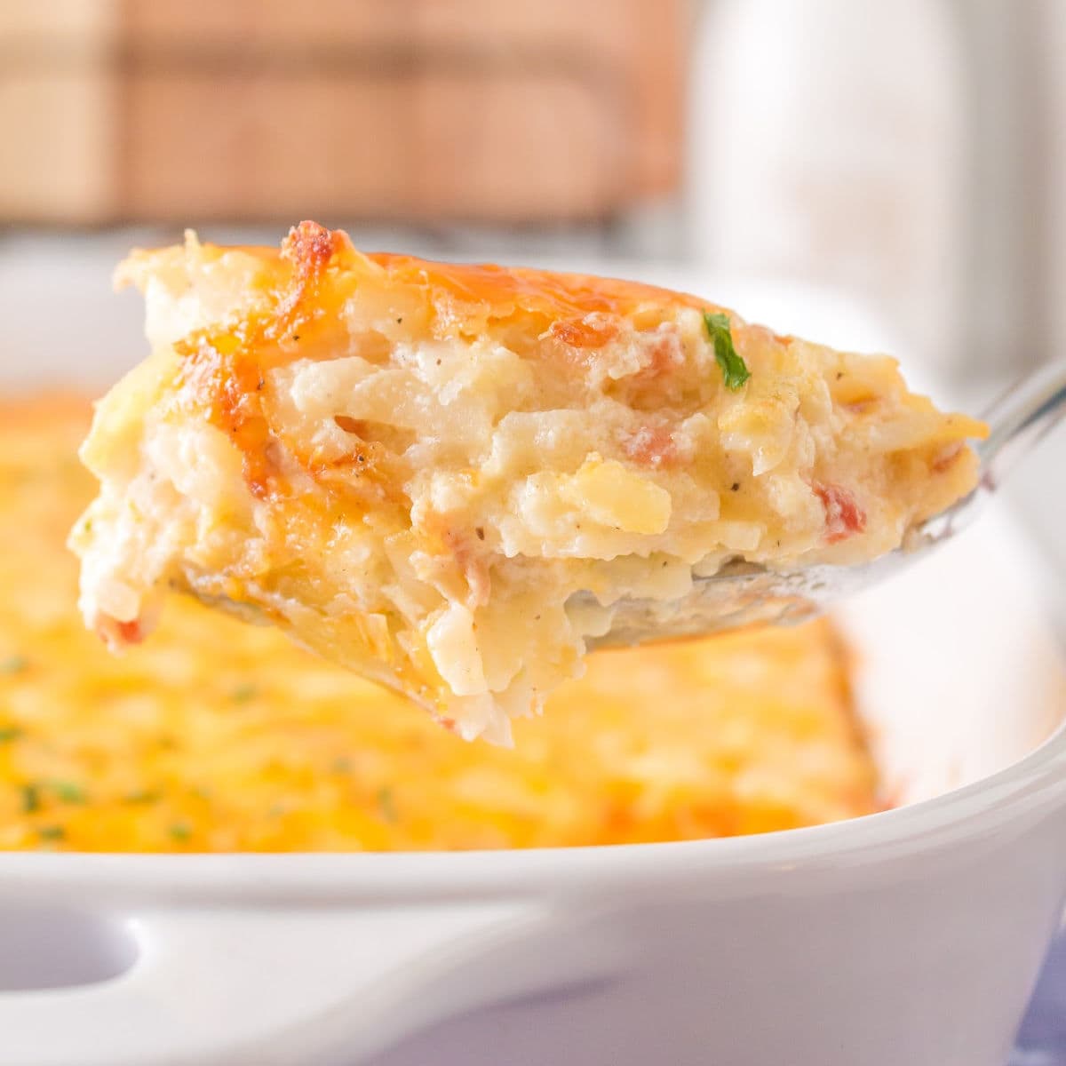 Closeup of a serving of casserole for feature image.