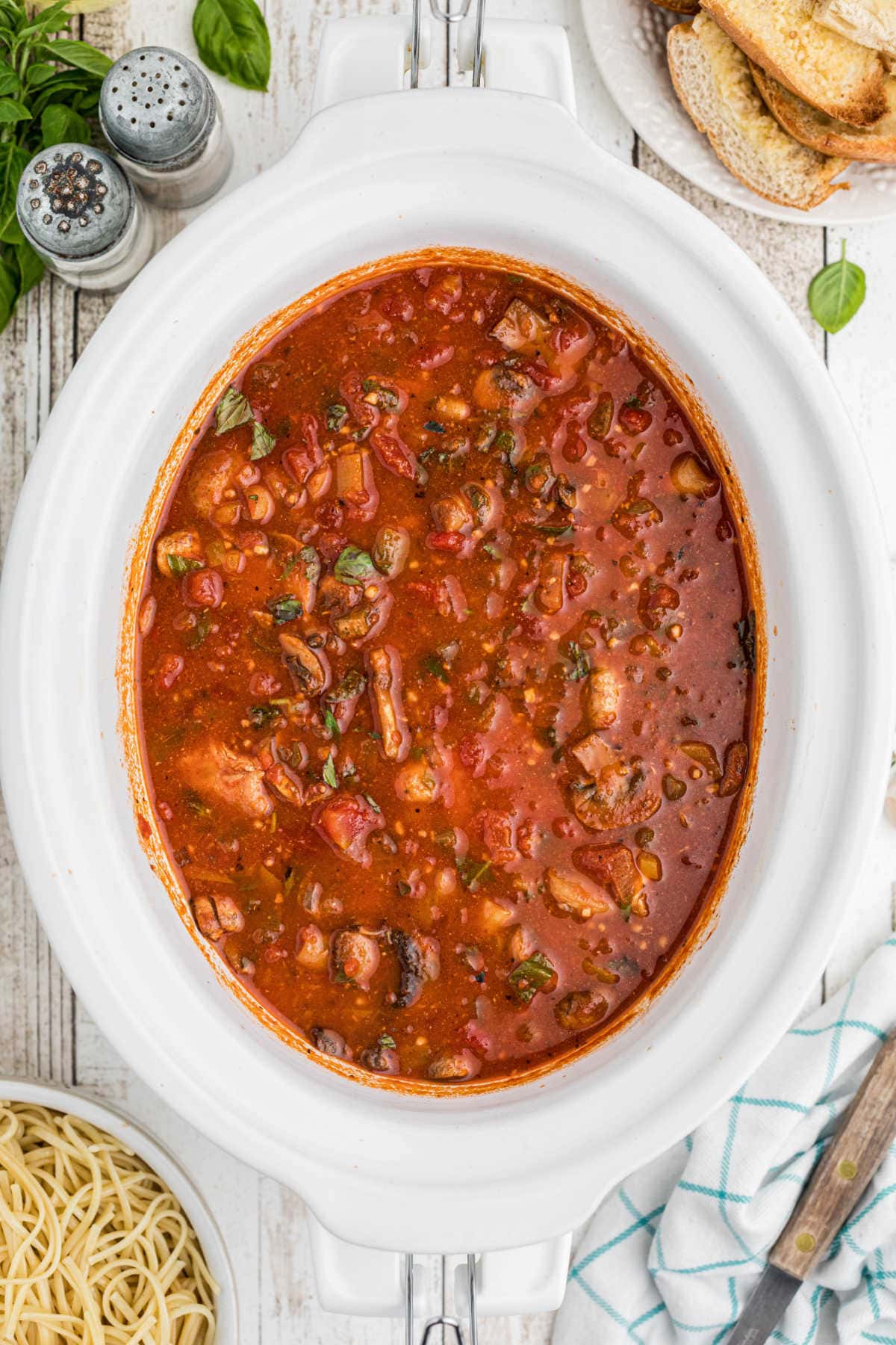 Finished chicken cacciatore in the slow cooker.