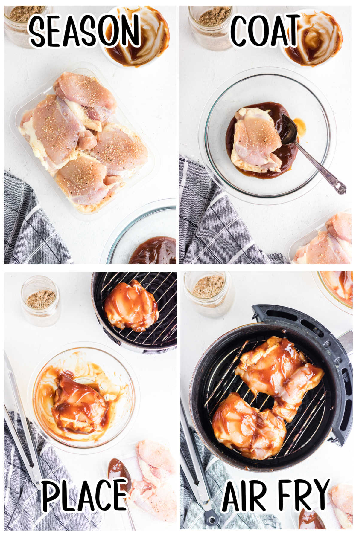 Step by step images showing how to make bbq chicken thighs in the air fryer.
