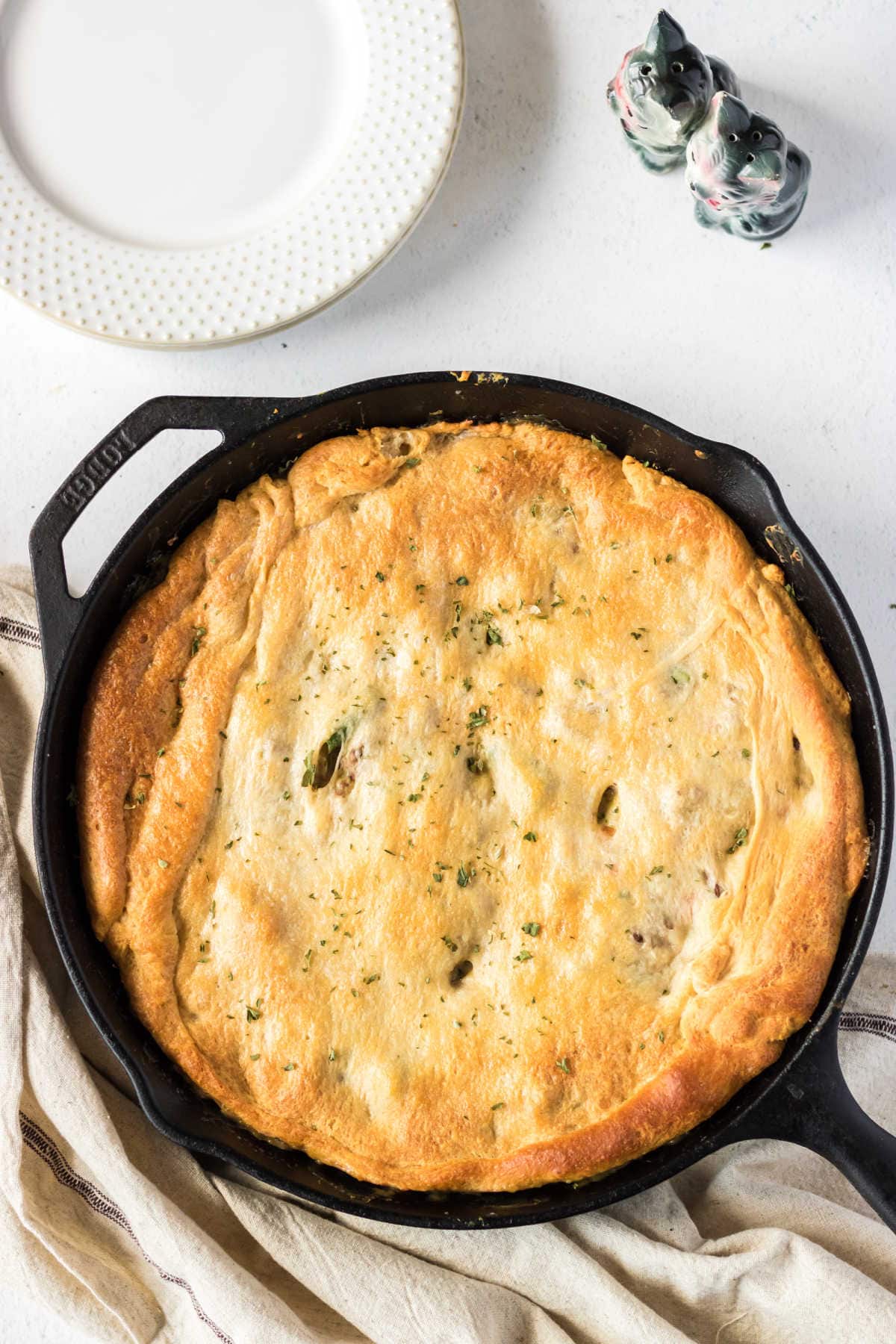 Overhead view of the finished recipe showing the golden crust.