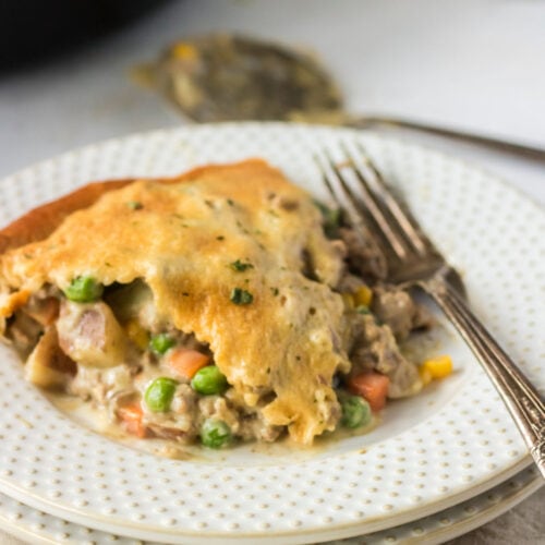 Closeup of a serving of pot pie for feature image.