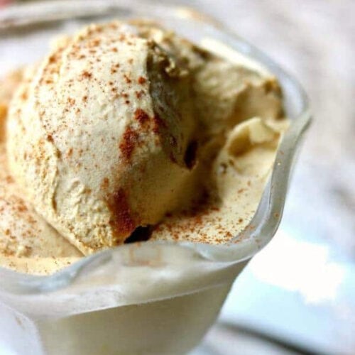 A closeup of a scoop of cinnamon ice cream in a dish.