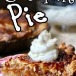 A slice of pie on a plate with a text overlay for Pinterest.