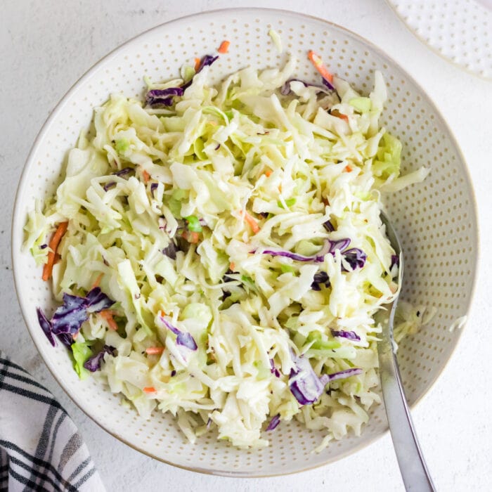 Overhead view of coleslaw for feature image.