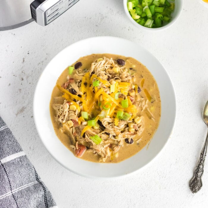 Overhead view of a bowl of chili for the feature image.