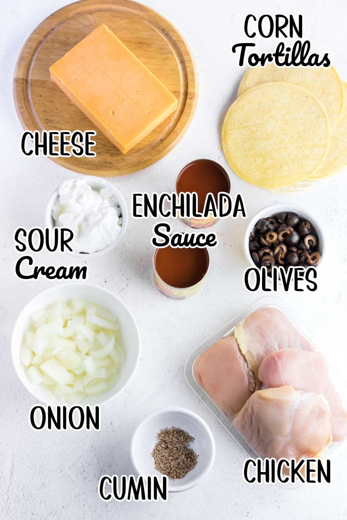 Labeled ingredients for enchilada chicken.