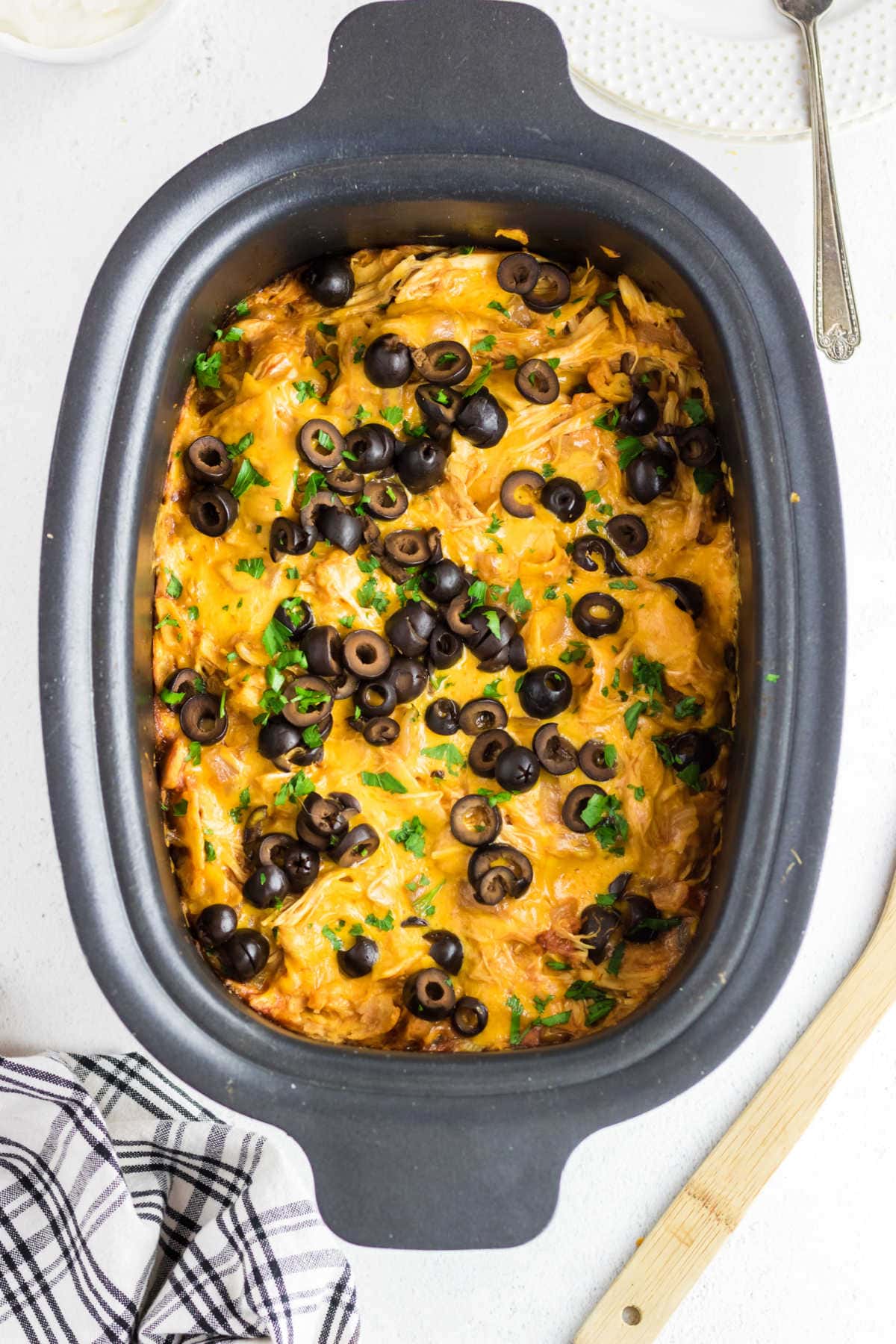 Overhead view of finished casserole in the slow cooker.