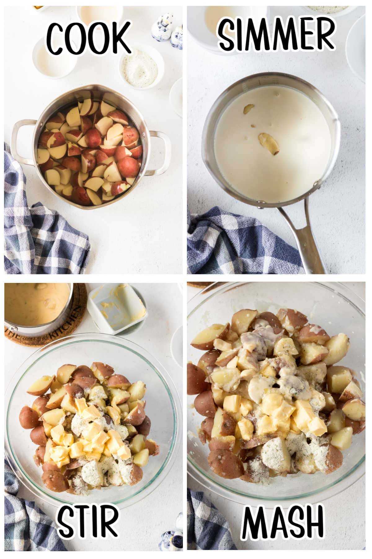 Steps for making garlic mashed potatoes.