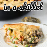 Serving of pot pie on a plate with a text overlay for Pinterest.