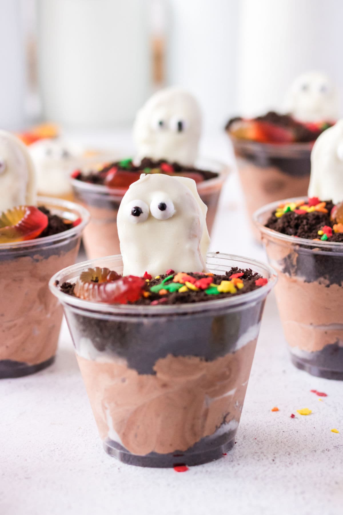 Spooky Graveyard Dirt Cups with Ghosts for Halloween