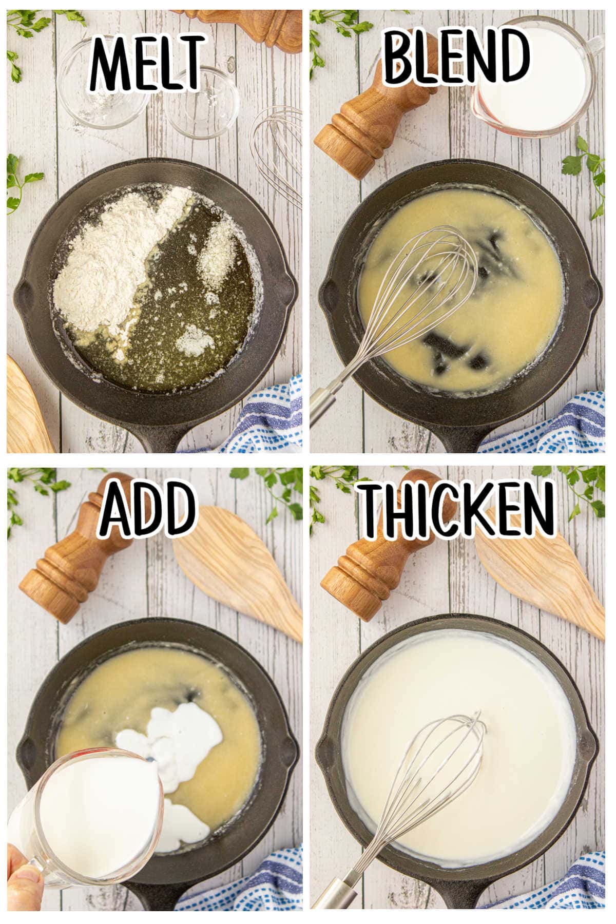 Step by step images showing how to make cream sauce.