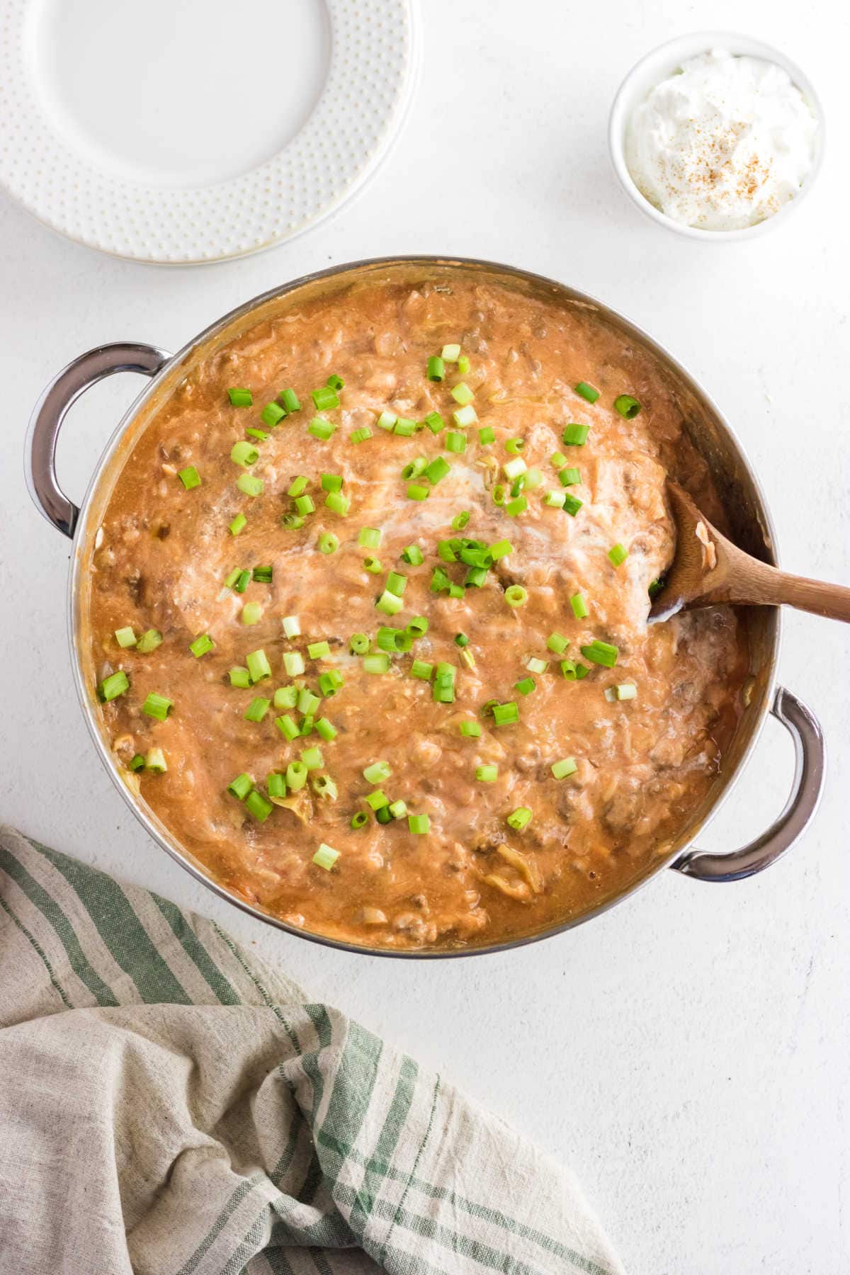 Overhead view of a pot of cabbage roll casserole.