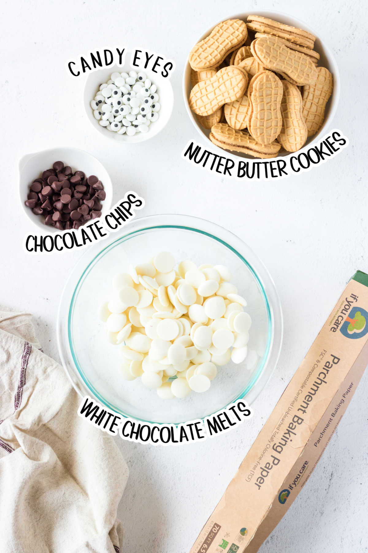 Labeled ingredients for Nutter Butter ghost cookies.