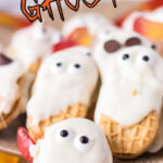 A closeup of the ghost cookies with text overlay for Pinterest.