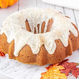 Pumpkin bundt cake with glaze.