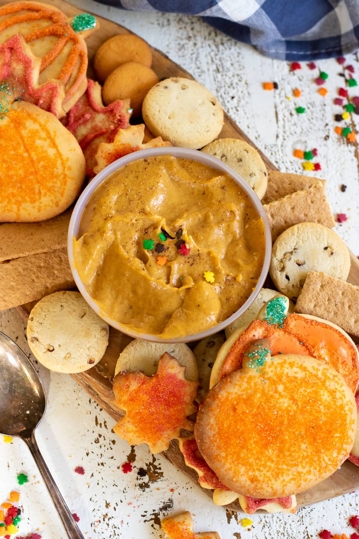 Overhead view of pumpkin cream cheese dip.