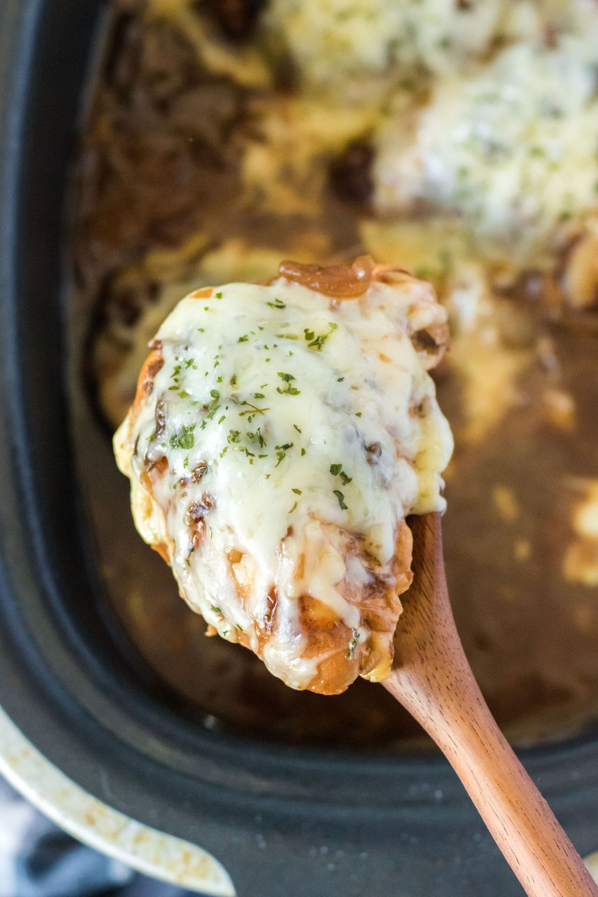 A spoonful of French onion chicken.