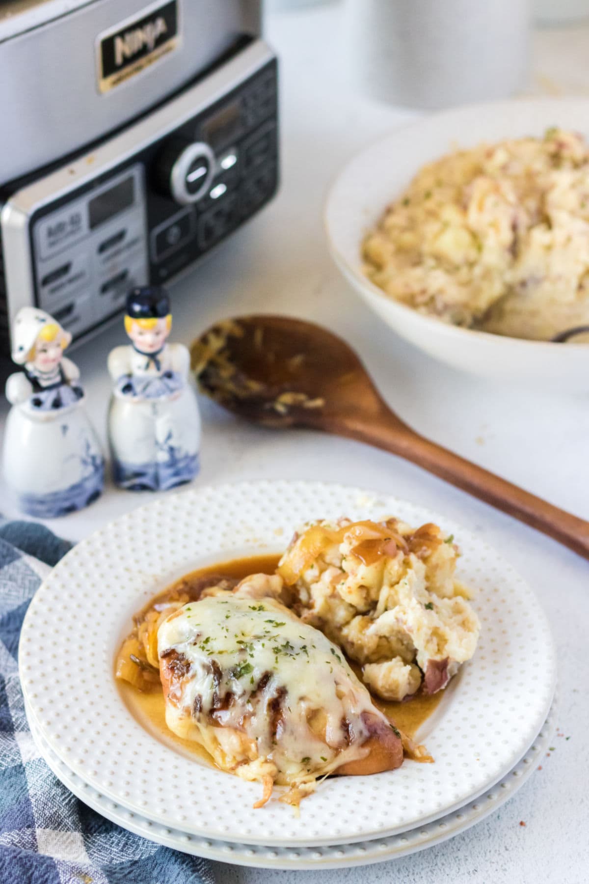 French onion chicken on a plate.