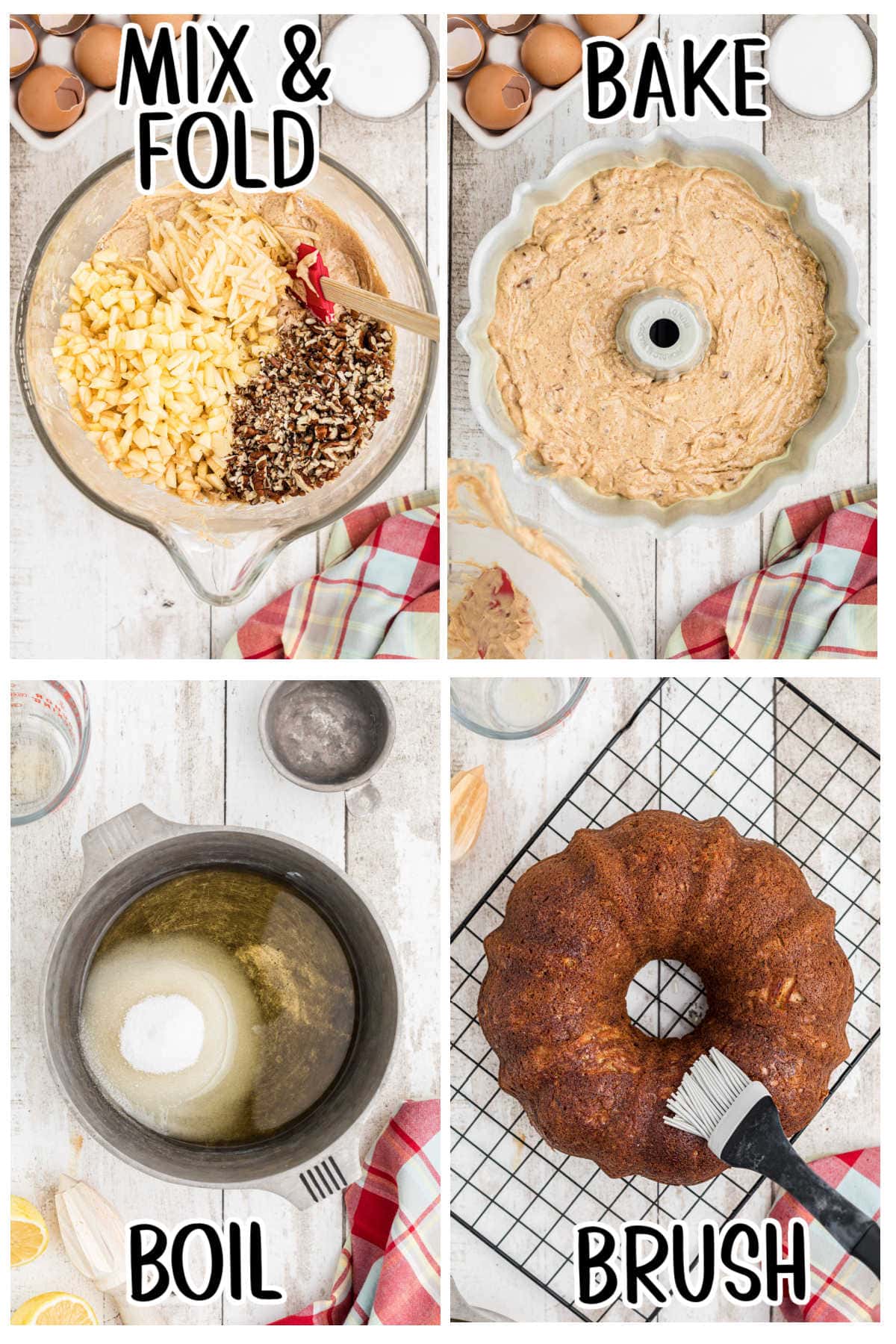 Step by step images showing how to make apple bundt cake.