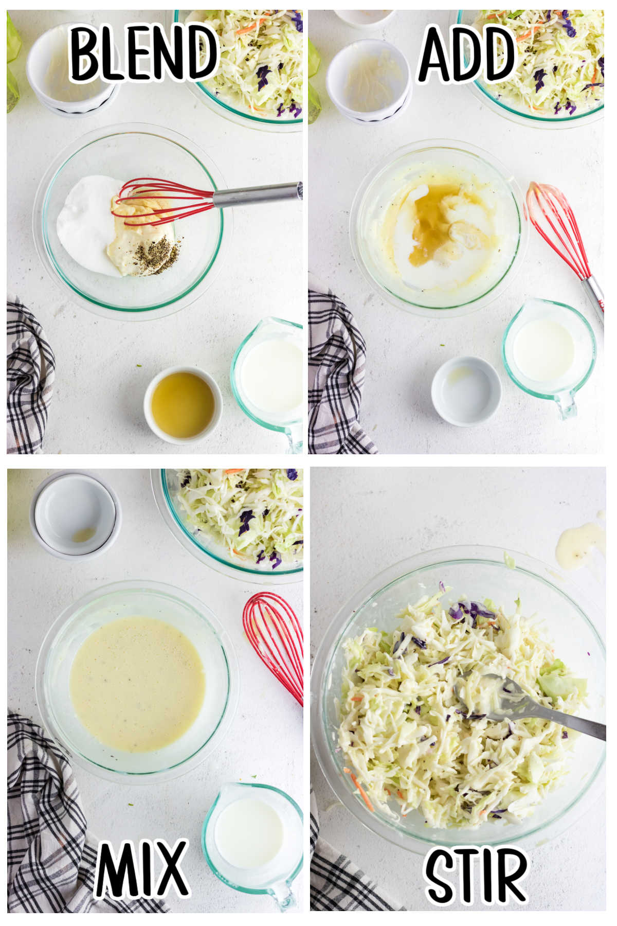 Step by step images showing how to make coleslaw.