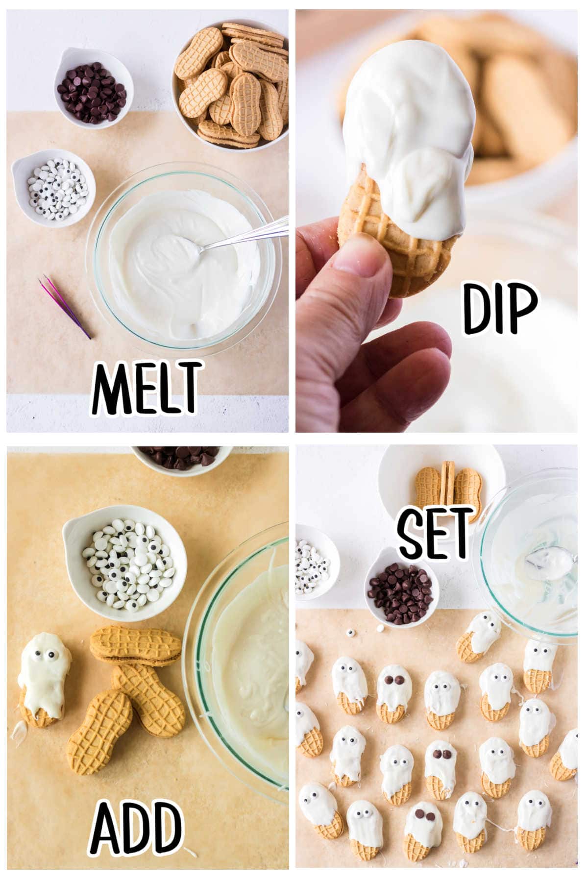 Step by step images showing how to make Halloween ghost cookies.