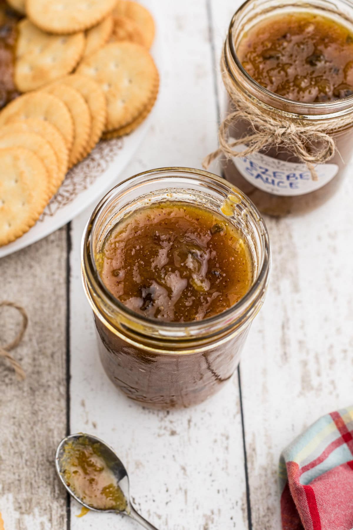 Overhead view of the Jezebel sauce in a jar.