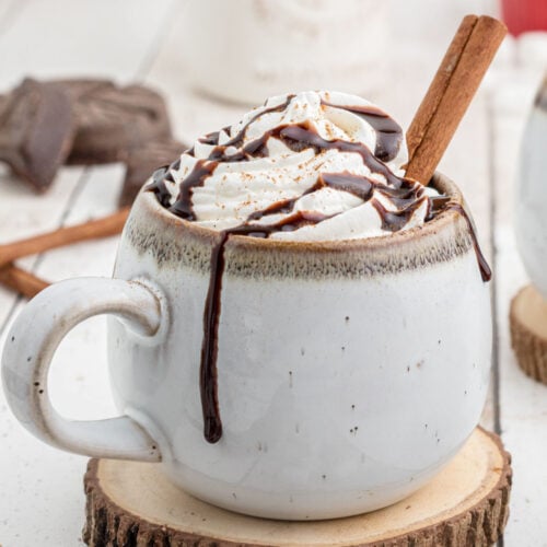A cup of hot chocolate topped with whipped cream and garnished with chocolate sauce.