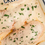 Overhead view of chicken in casserole dish with text overlay for Pinterest.