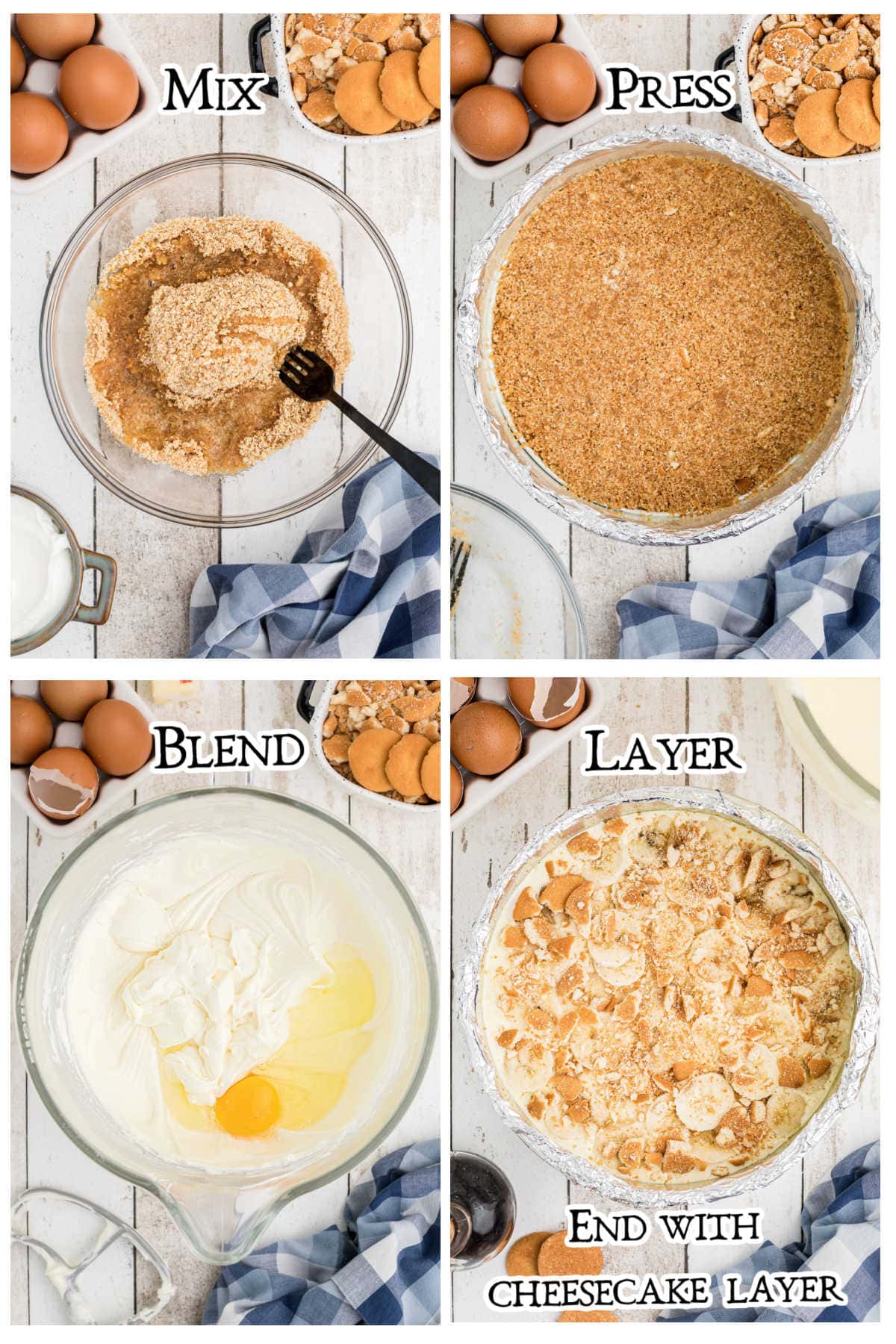 Step by step images showing how to layer the cheesecake.